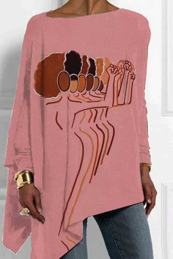 Black Brown Loose Casual Christmas Santa Figure Print Asymmetrical Hem Round Neck Long Sleeve Tops Blouses
