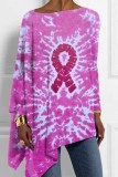 Dark Blue Loose Casual Letter Pearl Figure Print Asymmetrical Hem Round Neck Long Sleeve Tops Blouses