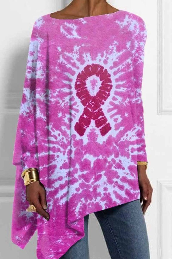 Dark Blue Loose Casual Letter Pearl Figure Print Asymmetrical Hem Round Neck Long Sleeve Tops Blouses