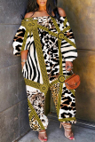 Multicolor Loose Casual Abstract Zebra Leopard Print Off Shoulder Long Sleeve Overall Jumpsuits