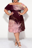 Wine Red Floral Print Off Shoulder Ruffled Sleeve A Line Casual Outing Vacation Plus Size Midi Dress