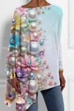 Dark Blue Loose Casual Letter Pearl Figure Print Asymmetrical Hem Round Neck Long Sleeve Tops Blouses