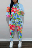 Green Casual Floral Print Hooded Long Sleeve Sweatshirts and Sweatpants Fall Winter Two Pieces Sweatsuits Sets