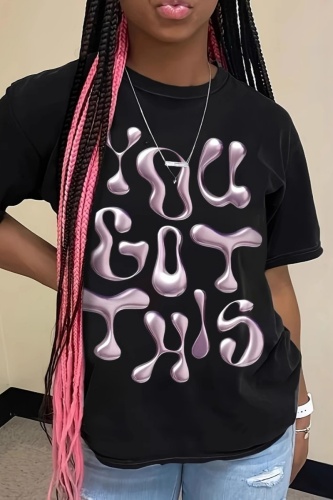 Black Casual Letter Print Round Neck Short Sleeve T-Shirts