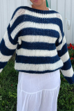 Blue Loose Casual Letters Striped Weave Contrast Oblique Collar Long Sleeve Fall Winter Sweater Tops