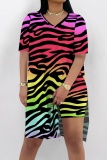 Zebra Gradient Casual Stripe Colorblock Print Slit V Neck Short Sleeve T-shirt and Shorts Two Pieces Matching Sets