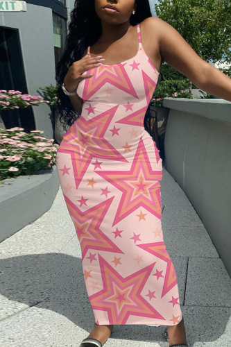 Pink Floral Print Sleeveless Backless Spaghetti Strap Casual Outing Vacation Bodycon Maxi Slip Dress