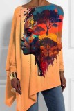 Orange Loose Casual Letter Figure Print Asymmetrical Hem Round Neck Long Sleeve Tops Blouses