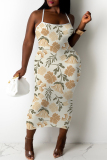White Khaki Floral Print Sleeveless Backless Spaghetti Strap Casual Outing Vacation Bodycon Midi Slip Dress