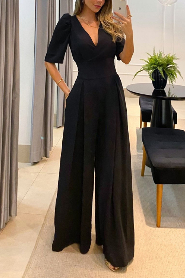 Black Party Club Formal Casual V Neck Half Hubble-Bubble Sleeve Belted Wide Leg Jumpsuits