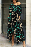 Black White Striped Leopard Print Off Shoulder 3/4 Sleeve High-Low Hem Loose Fit Casual Outings Vacations Flowy Maxi Dress with Pocket