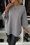 Grey Loose Casual Weave Round Neck Three Quarter Sleeve Knitted Sweater Tops