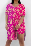 Blue Red Casual Abstract Butterfly Print Slit V Neck Long Sleeve T-shirt and Skinny Shorts Two Pieces Matching Sets