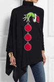 Red Casual Lantern Santa Hat Print Asymmetrical Hem Sequins Turtleneck Long Sleeve Loose Tops Blouses