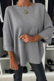 Grey Loose Casual Weave Round Neck Three Quarter Sleeve Knitted Sweater Tops