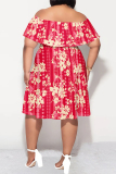 Wine Red Floral Print Off Shoulder Ruffled Sleeve A Line Casual Outing Vacation Plus Size Midi Dress