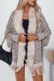 Apricot Casual Leopard Cardigan Fringed Hem Long Sleeve Outerwear Fall Winter Sweater Cardigon Cloaks Shawls
