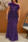 Sleeveless Feathered Neck Trim Bodycon Sparkly Sequin Cocktail Evening  Party Maxi Dress