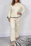 Black Casual Stripe Trim Patchwork Slit Round Neck Long Sleeve Tops and Wide leg Pants Knitted Two Pieces Matching Sets