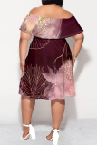 Wine Red Floral Print Off Shoulder Ruffled Sleeve A Line Casual Outing Vacation Plus Size Midi Dress