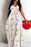 Blue Butterfly Print Sleeveless Backless Spaghetti Strap Floor Length Casual Outing Vacation Straight Loose Maxi Dress