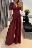 Black Party Club Formal Casual V Neck Half Hubble-Bubble Sleeve Belted Wide Leg Jumpsuits