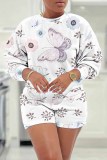 White Grey Casual Snowflake Floral Butterfly Print Round Neck Long Sleeve Sweatshirts and Shorts Two Pieces Sets