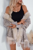Apricot Casual Leopard Cardigan Fringed Hem Long Sleeve Outerwear Fall Winter Sweater Cardigon Cloaks Shawls