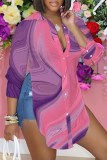 Blue Purple Casual Abstact Print Button up Slit Shirt Collar Long Sleeve Tops Blouses
