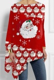 Green Casual Letter Santa Print Asymmetrical Hem Round Neck Long Sleeve Loose Tops Christmas Blouses