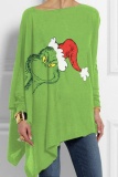 Green Casual Letter Santa Print Asymmetrical Hem Round Neck Long Sleeve Loose Tops Christmas Blouses