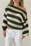 Blue Loose Casual Letters Striped Weave Contrast Oblique Collar Long Sleeve Fall Winter Sweater Tops