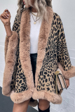 Khaki Street Elegant Leopard Fur Trim Long Sleeve Outerwear Fall Winter Cape Cardigan Cloaks