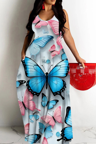 Blue Butterfly Print Sleeveless Backless Spaghetti Strap Floor Length Casual Outing Vacation Straight Loose Maxi Dress