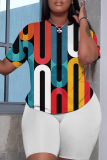 Khaki Casual Abstract Print Round Neck Short Sleeve T-shirt and Shorts Two Pieces Matching Sets