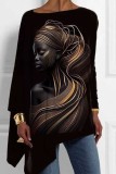 Black Brown Loose Casual Christmas Santa Figure Print Asymmetrical Hem Round Neck Long Sleeve Tops Blouses