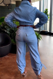 Sky Blue Casual Sportswear Pocket Buttons Zipper Collar Long Sleeve Jacket and Cargo Pants Two Pieces Matching Sets