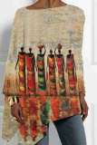 Multicolor Loose Casual Figure Print Asymmetrical Hem Round Neck Long Sleeve Tops Blouses