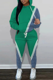 Green Striped Print Long Sleeve Hooded Sweatshirts and Sweatpants Fall Winter Two Pieces Sweatsuits Sets