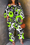Multicolor Loose Casual Abstract Zebra Leopard Print Off Shoulder Long Sleeve Overall Jumpsuits