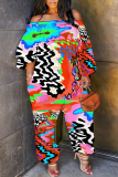 Multicolor Loose Casual Abstract Zebra Leopard Print Off Shoulder Long Sleeve Overall Jumpsuits