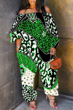 Multicolor Loose Casual Abstract Zebra Leopard Print Off Shoulder Long Sleeve Overall Jumpsuits
