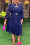 Rose Red Keyhole Neck Cut-Out Puff 3/4 Sleeve Rhinestone Buckle Fitted Waist Ruffle Trim Pleated Hem Formal Party Plus Size Wedding Guest Midi Dress
