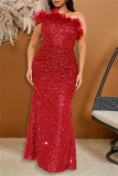 Sleeveless Feathered Neck Trim Bodycon Sparkly Sequin Cocktail Evening  Party Maxi Dress