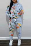 Green Casual Floral Print Hooded Long Sleeve Sweatshirts and Sweatpants Fall Winter Two Pieces Sweatsuits Sets