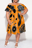 Wine Red Floral Print Off Shoulder Ruffled Sleeve A Line Casual Outing Vacation Plus Size Midi Dress