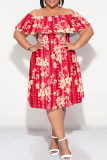 Wine Red Floral Print Off Shoulder Ruffled Sleeve A Line Casual Outing Vacation Plus Size Midi Dress
