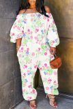 White Loose Casual Abstract Floral Butterfly Print Off Shoulder Long Sleeve Overall Jumpsuits