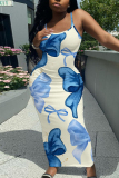 Pink Floral Print Sleeveless Backless Spaghetti Strap Casual Outing Vacation Bodycon Maxi Slip Dress