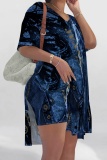 Khaki Casual Abstract Colorblock Print Slit V Neck Long Sleeve T-shirt and Skinny Shorts Two Pieces Matching Sets
